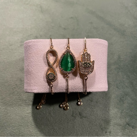 Set of 3 - Elegant Gold and Green Charm Bracelets - Picture 2 of 3